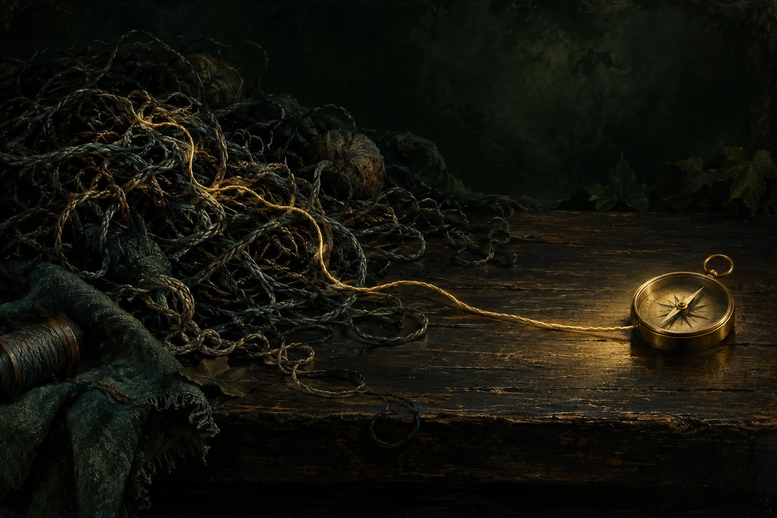 Cuadro conceptual de un hilo dorado que sale de un enredo oscuro hacia una brújula.